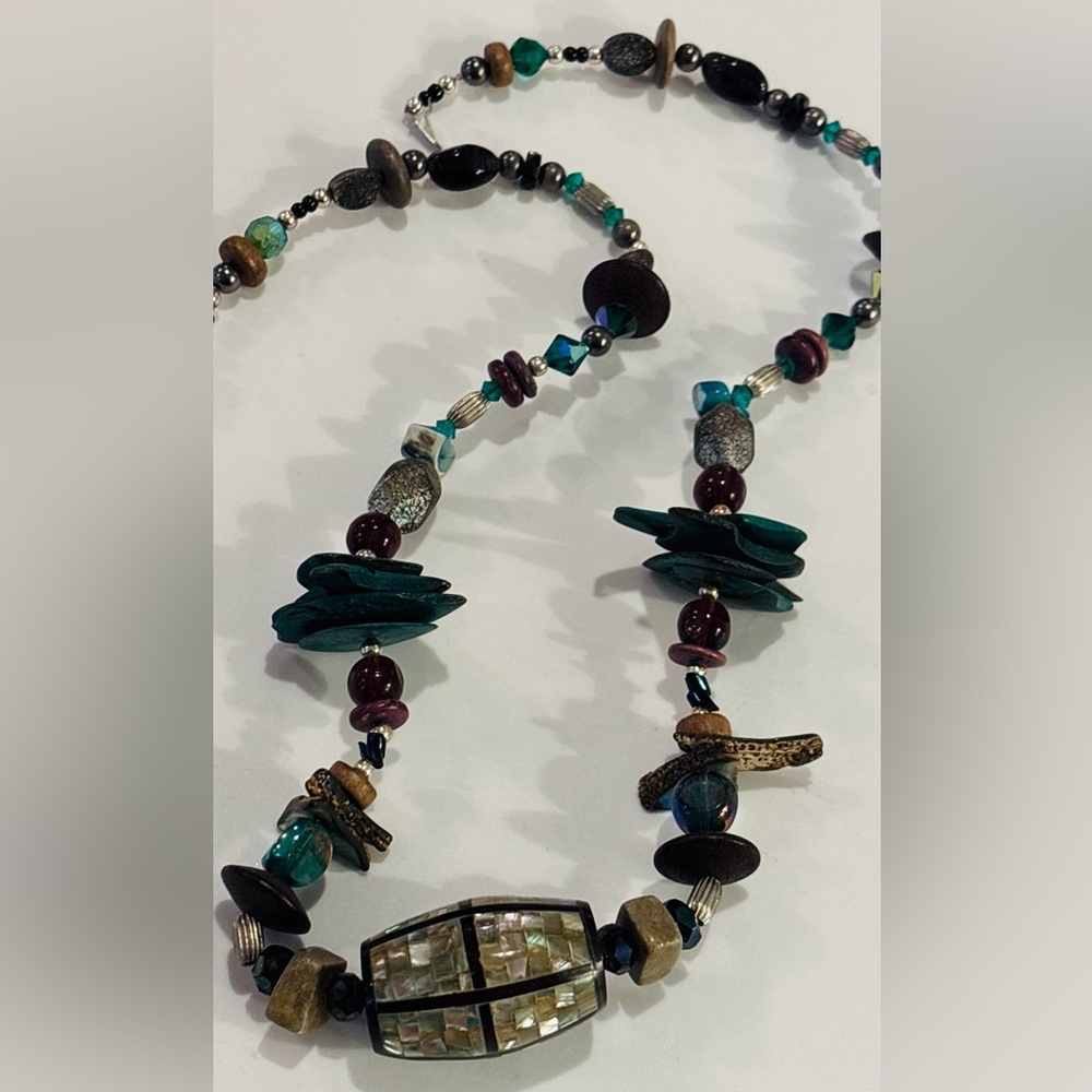 Beachy Earth Color Paua Abalone Shell, Apatite, Jade, and Silver Beaded Necklace